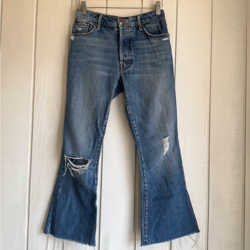 MOTHER Blue Distressed Cropped Flare Jeans